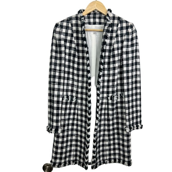NEW TAHARI 6P Gingham Long Coat Clasp Boucle Tweed Plaid Fringe Black/White - Picture 1 of 10
